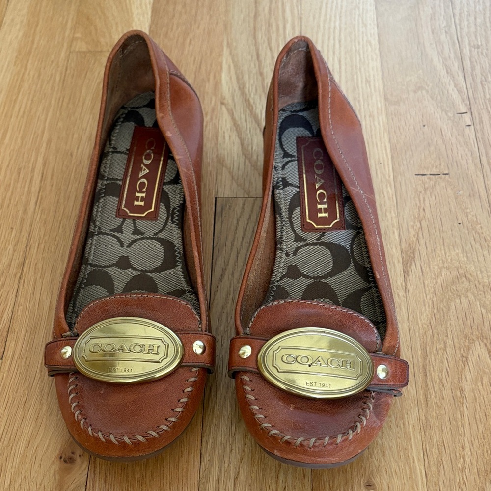 Coach Women's Tan Leather Loafers with Gold Accents